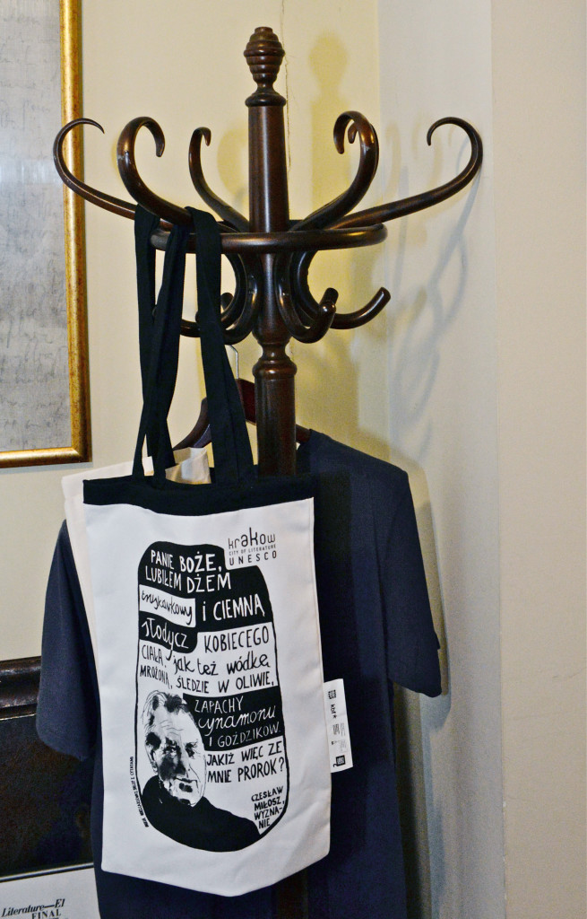 Czeslaw Milosz- reciepient of Nobel Prize in Literature in 1980, his former apartment in Krakow. Canvas tote bag with UNESCO logo , Krakoew city of literature, with Poet's likeness and quote from poem 'Confession' My Lord I loved strawberry jam... Krakow/Poland. 8.13.20016